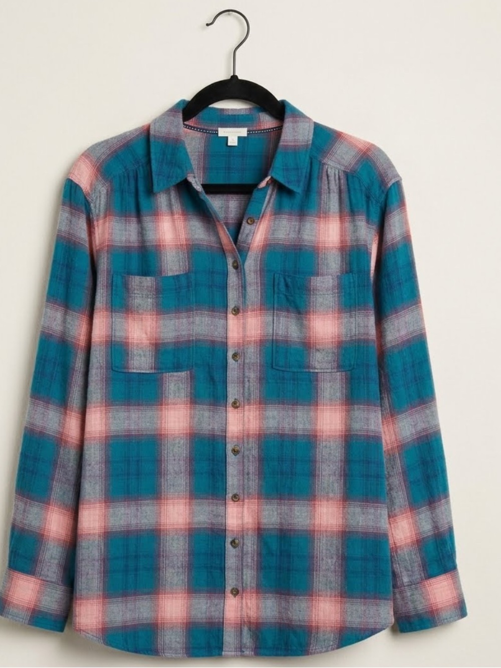Pilcro Teal and Pink Plaid Button-Down Shirt - fall wardrobe staple - size large